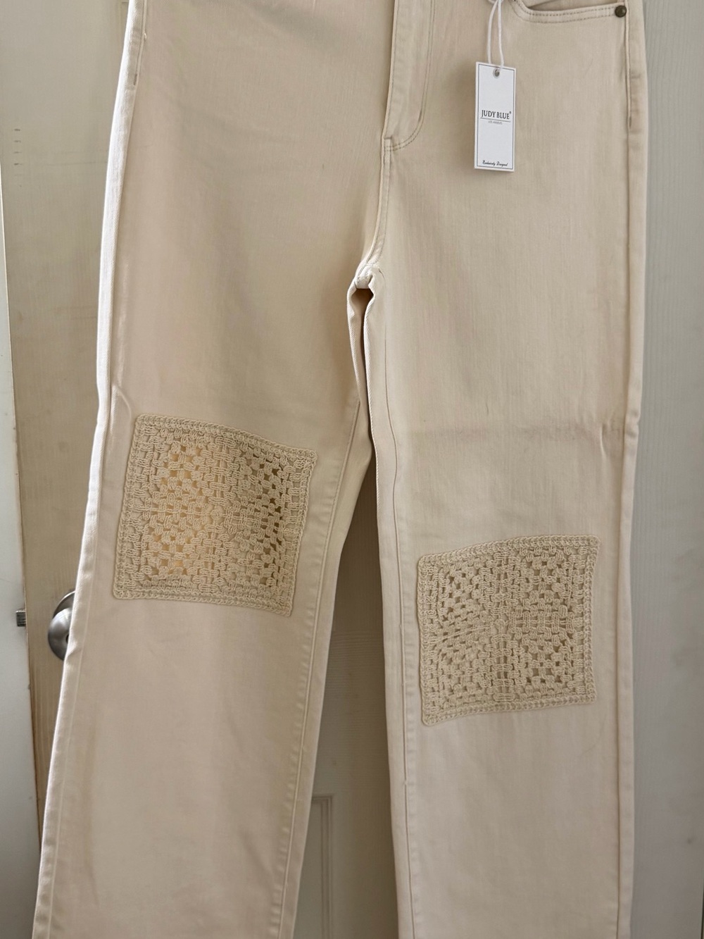 Judy Blue Cream Straight Leg Jeans with Crochet Knee Patches
